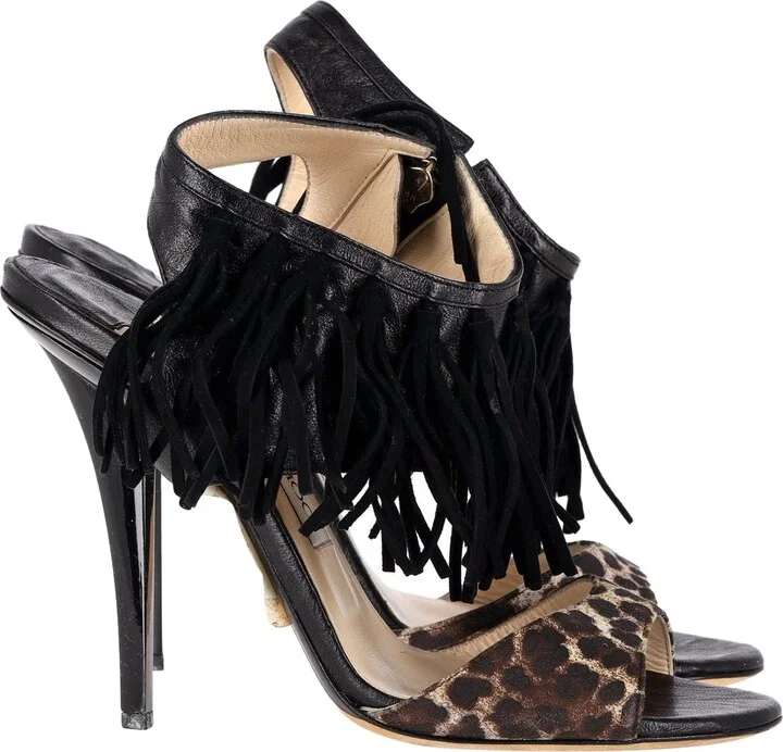 Leopard-Print Fringe Sandals in Black Leather