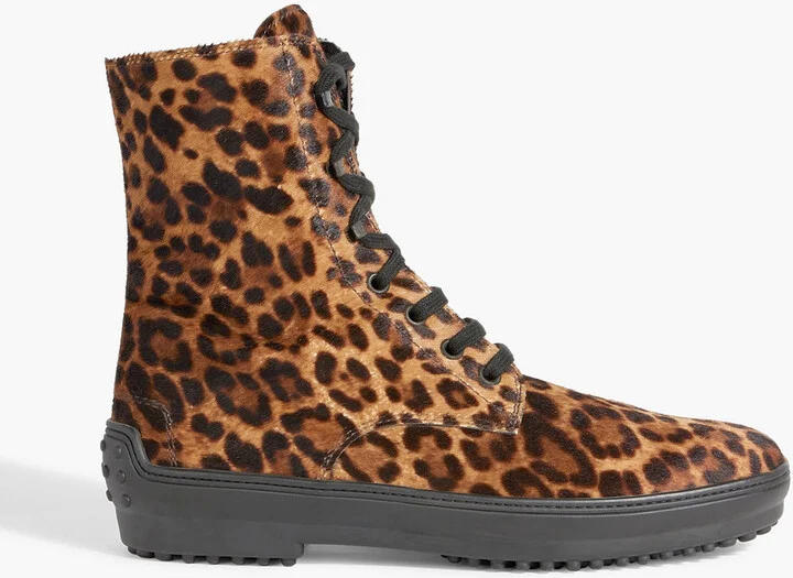 Leopard-print lace-up calf hair ankle boots