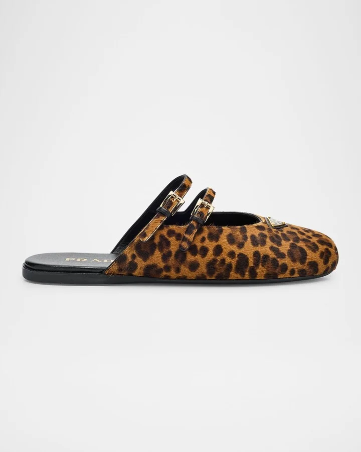 Leopard-Print Pony Hair Dual Mary Jane Ballerina Mules