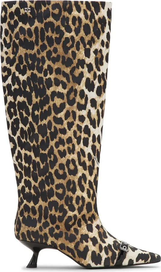 Leopard-Print Satin Knee-Length Boots