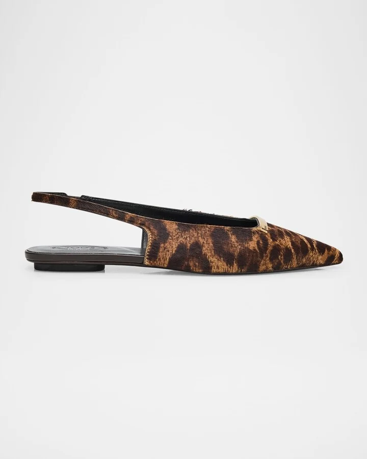 Leopard-Printed Calf Hair Slingback Flats