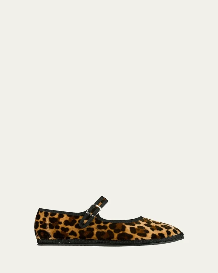 Leopard-Printed Canvas Mary Jane Ballerina Flats