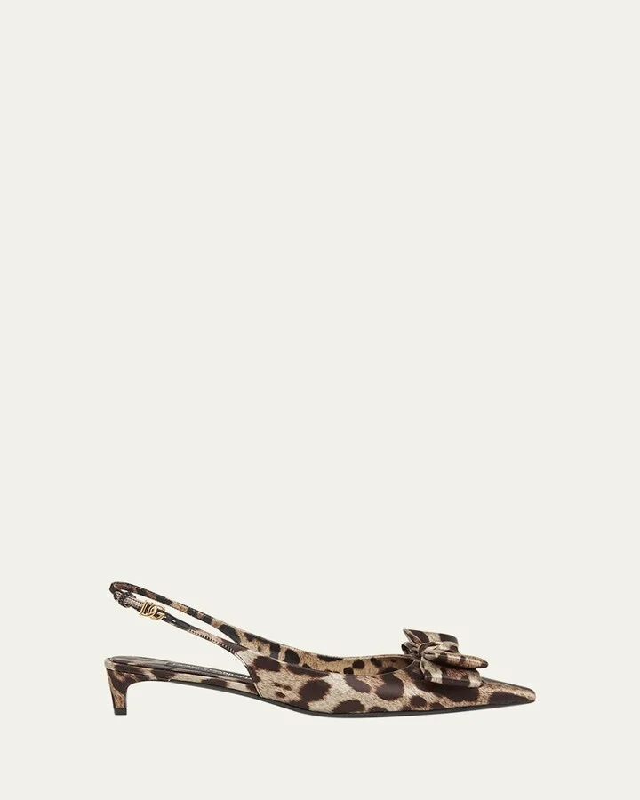 Leopard Satin Bow Slingback Pumps