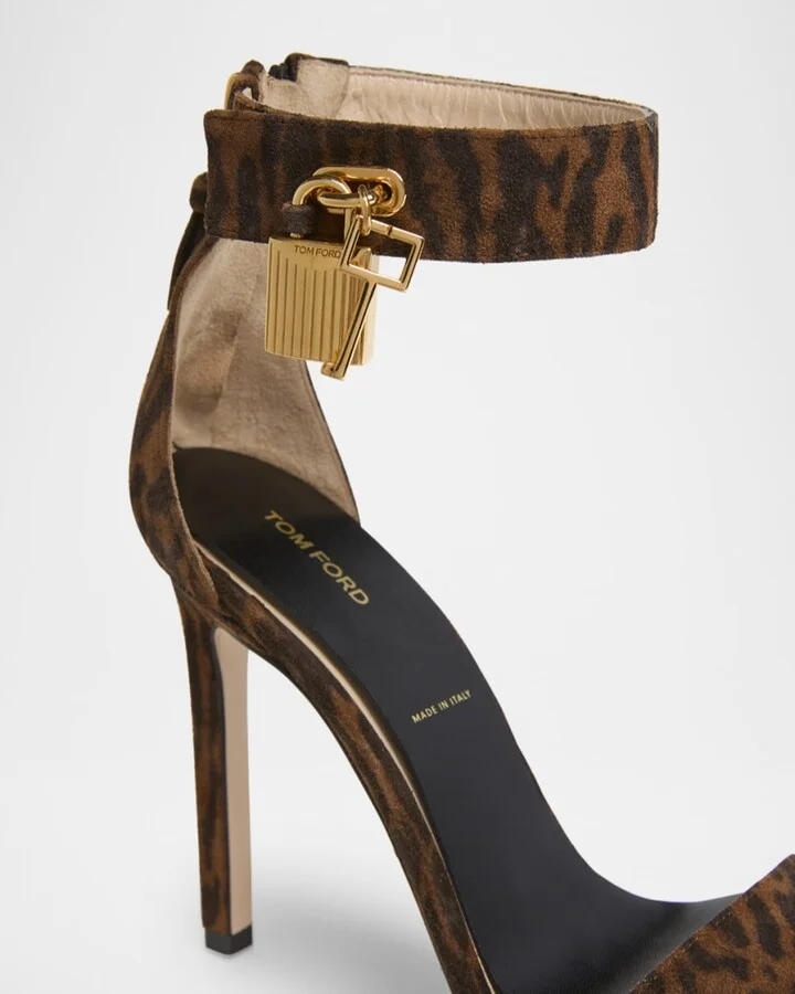 Leopard Suede Stiletto Sandals with Padlock - Image 7