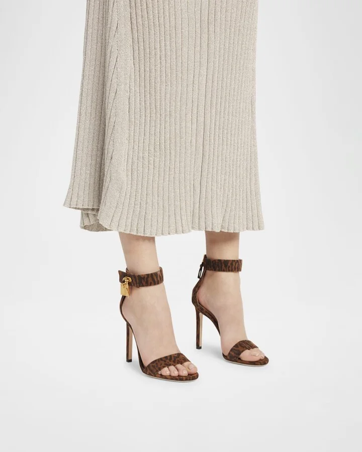 Leopard Suede Stiletto Sandals with Padlock - Image 9