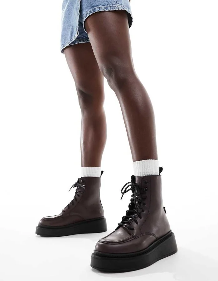 Levi's Luna lace up leather look boots in burgundy