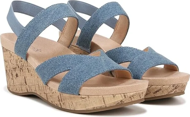 LifeStride Danita Strappy Wedge Sandals Women's Sandals Denim Blue : 6.5 W (C), Textile