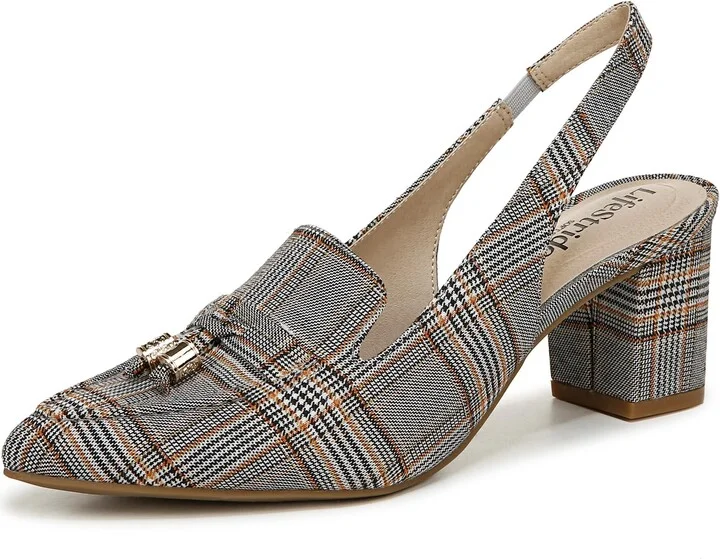 LifeStride Womens Audrey Slingback Block Heel Pump Spice Multi Plaid 6.5 W