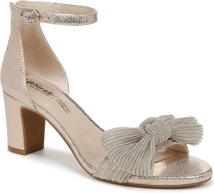 LifeStride Women's Florence-Bow Two Piece Block Heel Ankle Strap Sandals - Platino Faux Leather/Fabric