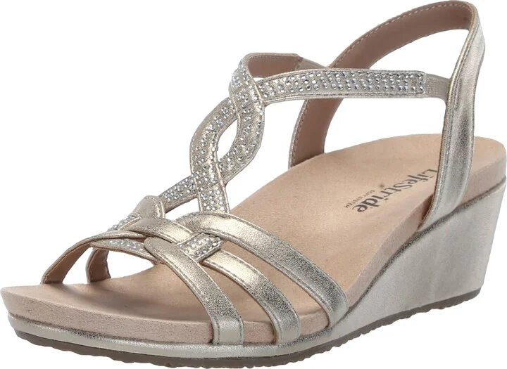 LifeStride Womens Monaco Strappy Wedge Sandals Platino Gold 7 M