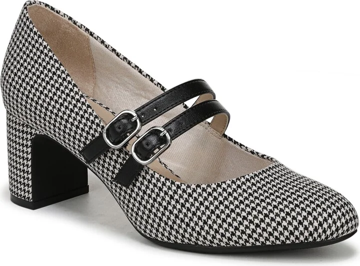 LifeStride Women's True Almond Toe Block Heel Mary Jane Pumps - Black/White Houndstooth Fabric