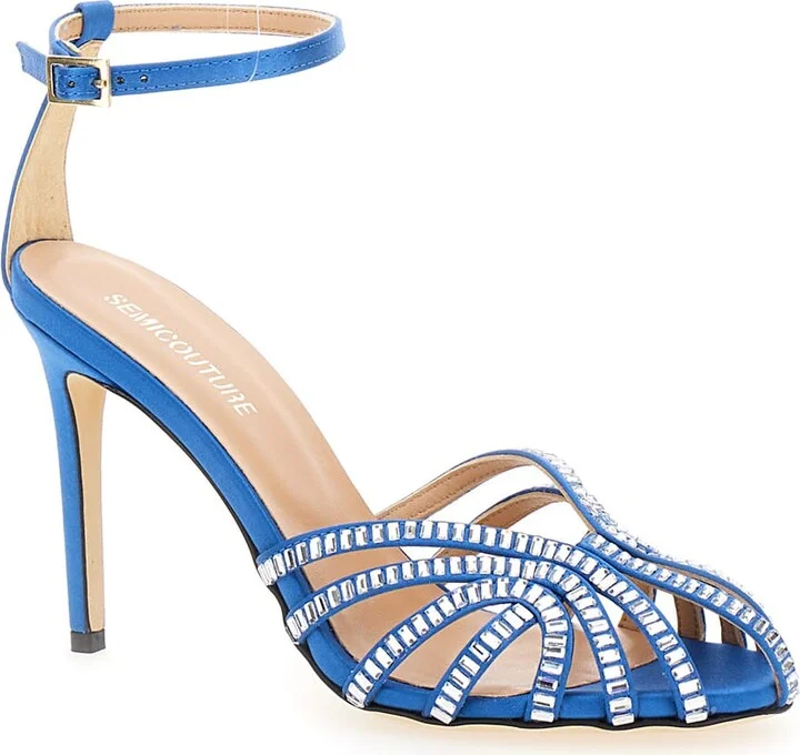 Light Blue Sandals With Baguette Rhinestones In Satin Woman - Image 2