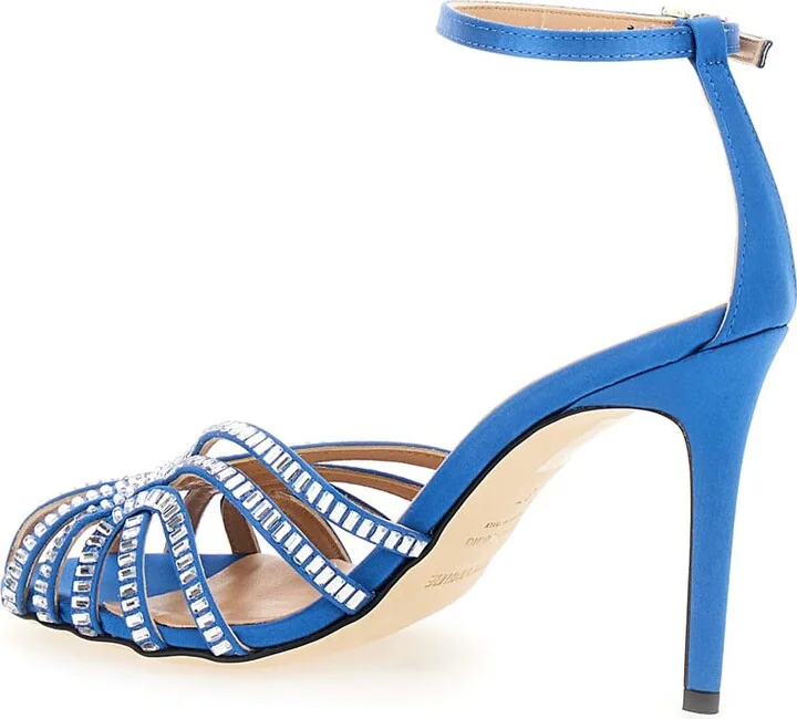 Light Blue Sandals With Baguette Rhinestones In Satin Woman - Image 3