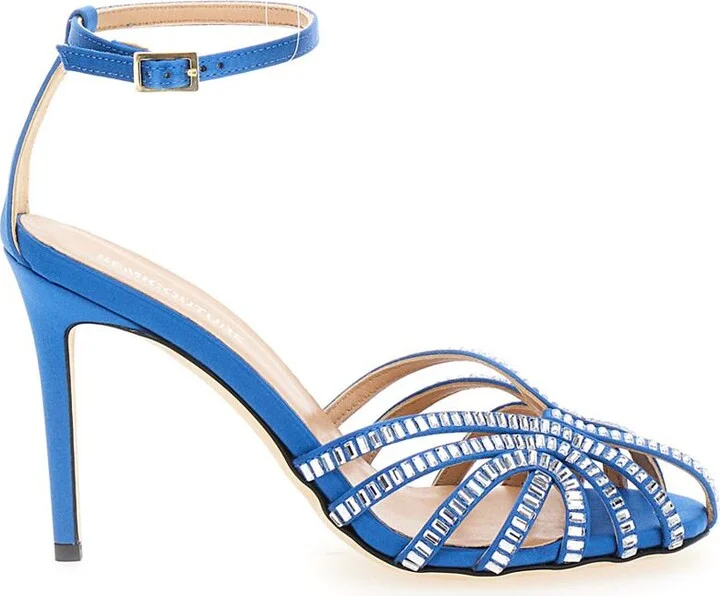 Light Blue Sandals With Baguette Rhinestones In Satin Woman