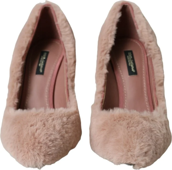 Light Pink Faux Fur Heels Pumps Women's Shoes - Image 2
