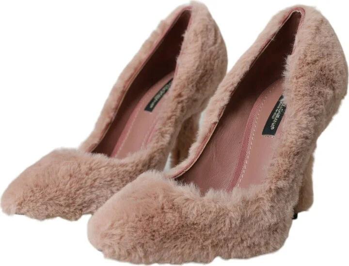 Light Pink Faux Fur Heels Pumps Women's Shoes - Image 3