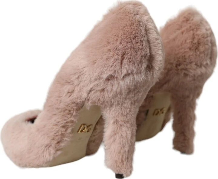 Light Pink Faux Fur Heels Pumps Women's Shoes - Image 4