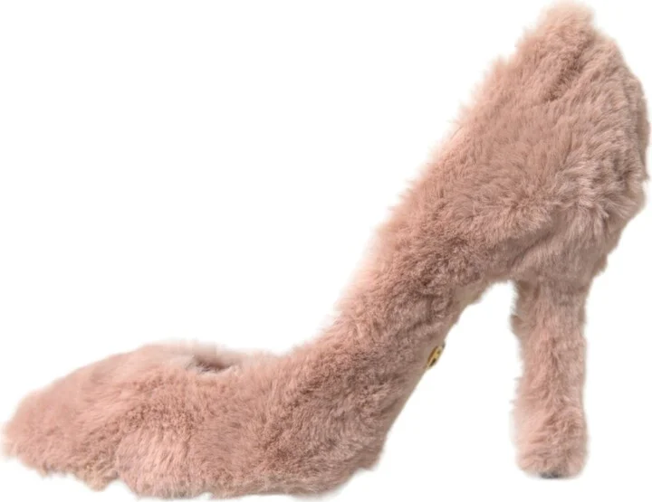 Light Pink Faux Fur Heels Pumps Women's Shoes - Image 5