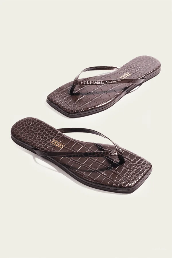 Lily Square Toe Croc Flip Flops in Carob - Image 2