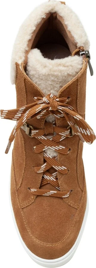 Linea Paolo Arden Faux Shearling Trimmed Wedge Sneakers - Nutmeg/ivory suede/fabric - Image 3