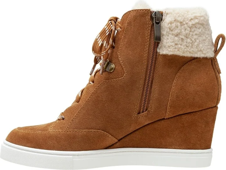Linea Paolo Arden Faux Shearling Trimmed Wedge Sneakers - Nutmeg/ivory suede/fabric - Image 5