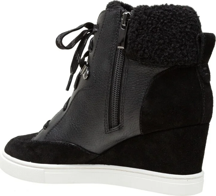 Linea Paolo Arden Faux Shearling Trimmed Wedge Sneakers - Nutmeg/ivory suede/fabric - Image 8