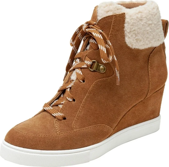 Linea Paolo Arden Faux Shearling Trimmed Wedge Sneakers - Nutmeg/ivory suede/fabric