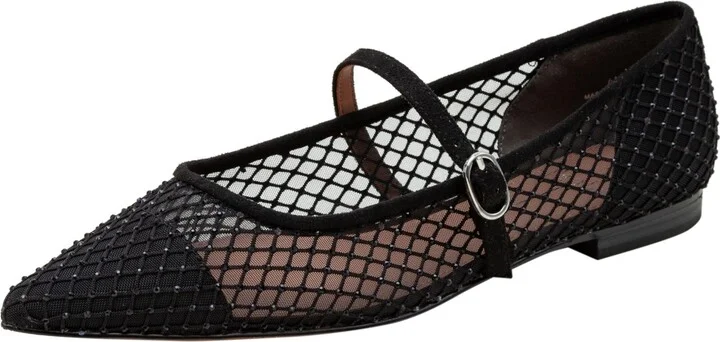 Linea Paolo Nadeen Fishnet Mary Jane Flats - Black mesh/microsuede