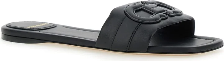 'liss' Black Sandals With Embossed Logo On The Band And Square Toe In Leather Woman