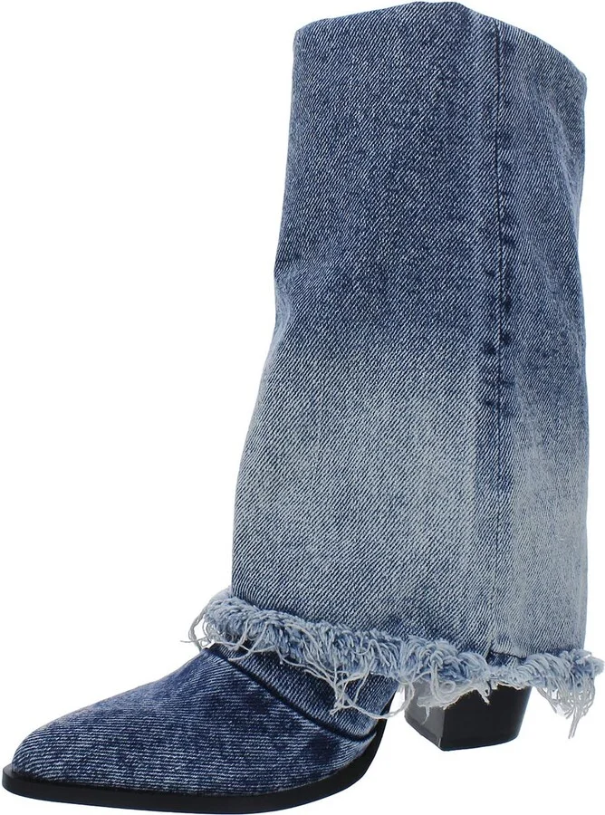 LIVVY Womens Denim Pointed Toe Block Heel