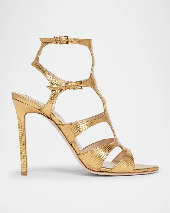 Lizard-Printed Leather Caged Sandals