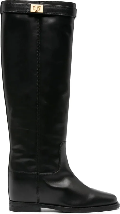 Lock-Detail Leather Knee-High Boots