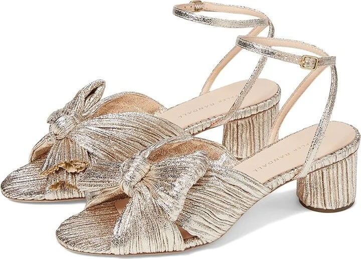 Loeffler Randall Dahlia Pleated Knot Mule with Ankle Strap High Women's Heels Champagne : 7 B - Medium, Textile