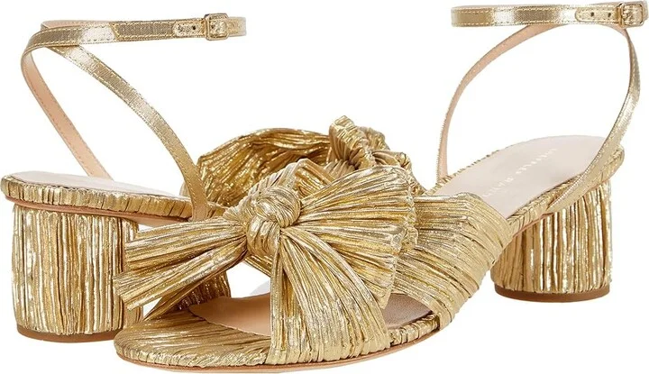 Loeffler Randall Dahlia Pleated Knot Mule with Ankle Strap High Women's Heels Gold : 6 B - Medium, Textile