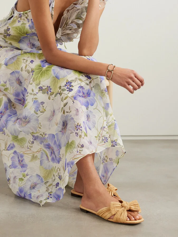 Loeffler Randall - Daphne Bow-embellished Pleated Raffia Slides - Neutrals - Image 2