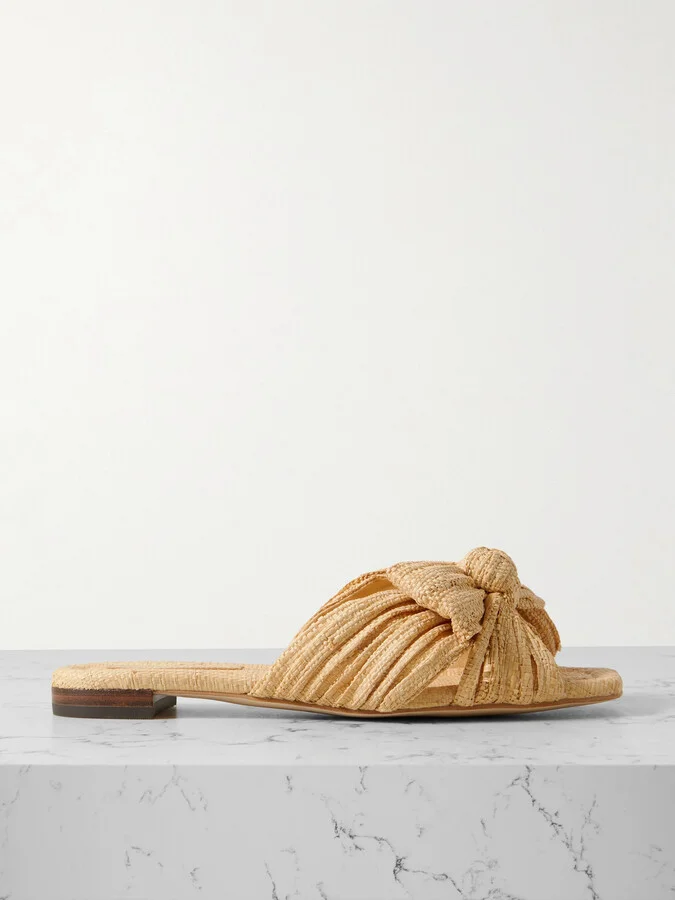 Loeffler Randall - Daphne Bow-embellished Pleated Raffia Slides - Neutrals