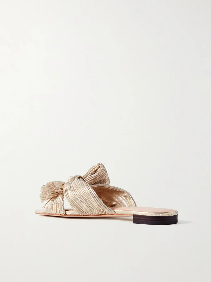 Loeffler Randall - Daphne Bow-embellished Plissé-lamé Slidesa - Gold - Image 3