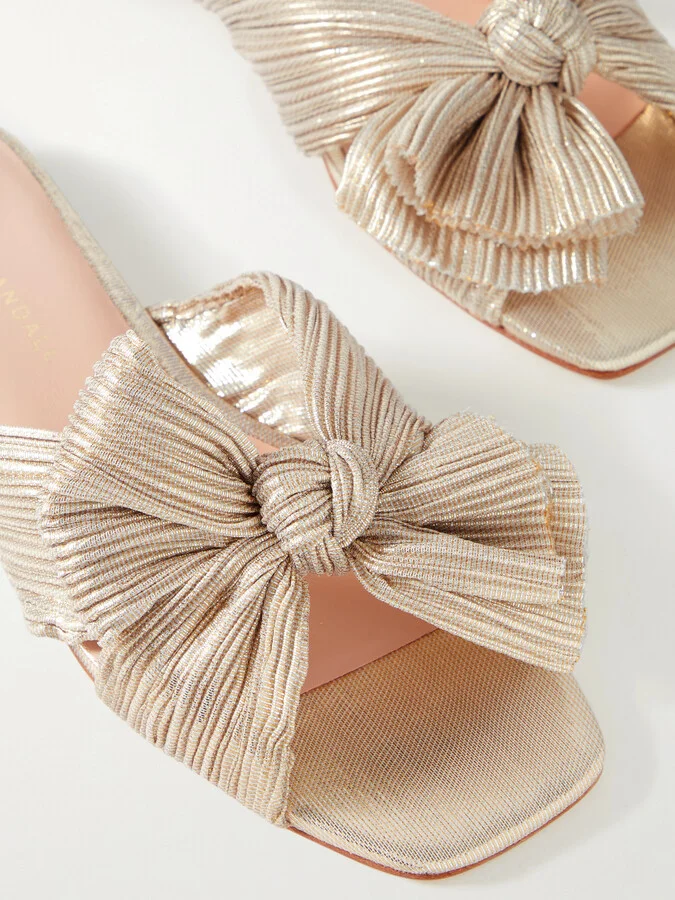 Loeffler Randall - Daphne Bow-embellished Plissé-lamé Slidesa - Gold - Image 4
