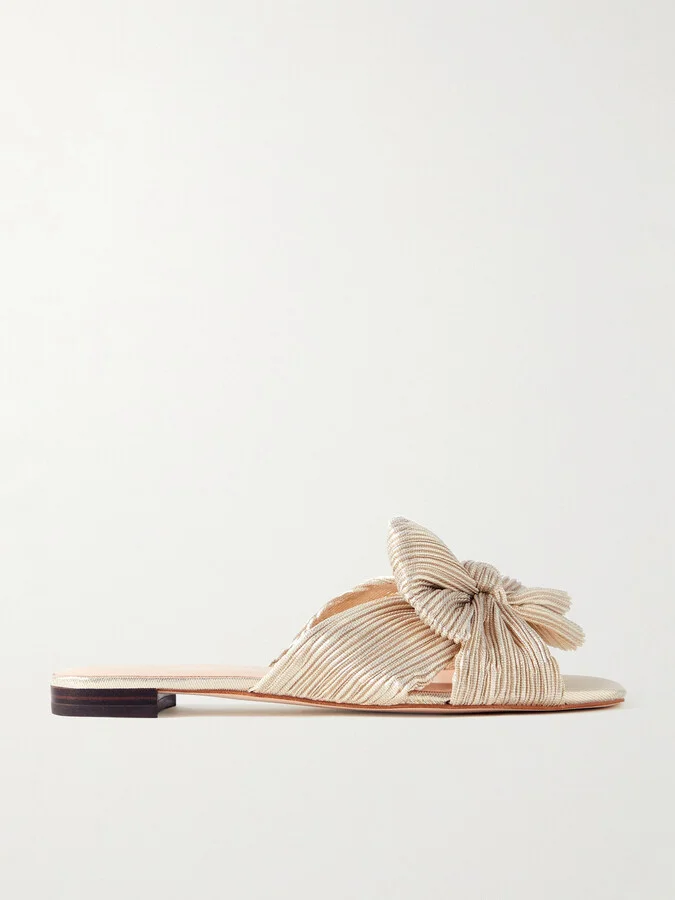 Loeffler Randall - Daphne Bow-embellished Plissé-lamé Slidesa - Gold - Image 5
