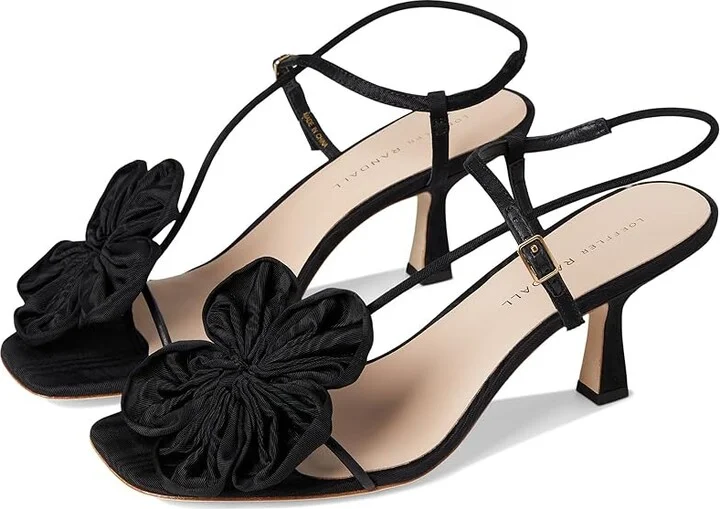 Loeffler Randall Frank Flower Applique Heeled Sandals Women's Wedge Shoes Black : 11 B - Medium, Leather
