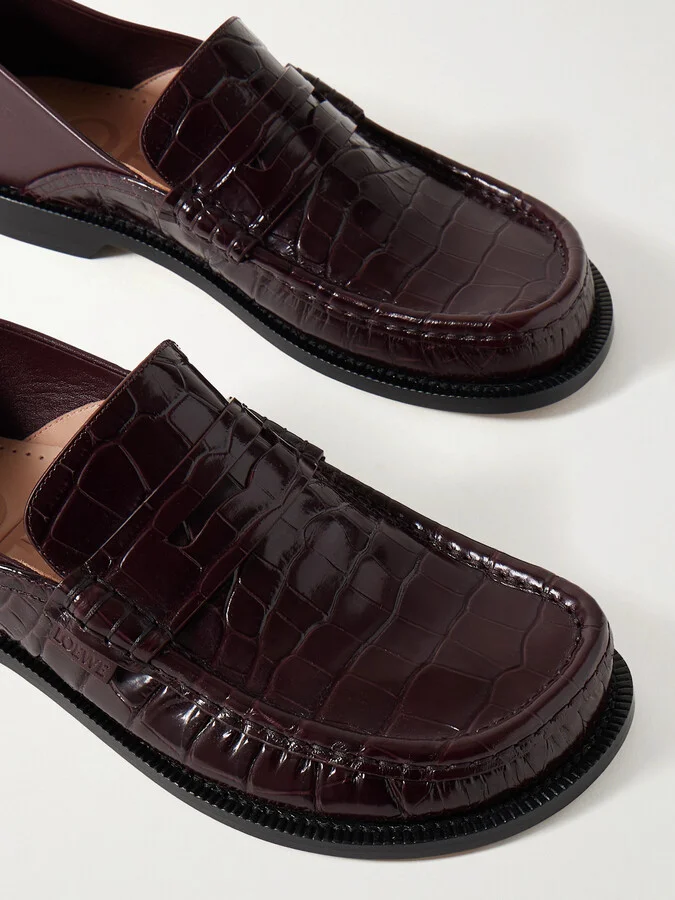 LOEWE - Campo Collapsible-heel Croc-effect Leather Loafers - Burgundy - Image 4