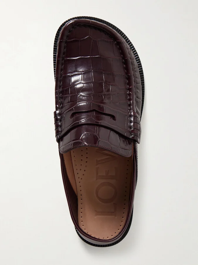LOEWE - Campo Collapsible-heel Croc-effect Leather Loafers - Burgundy - Image 5