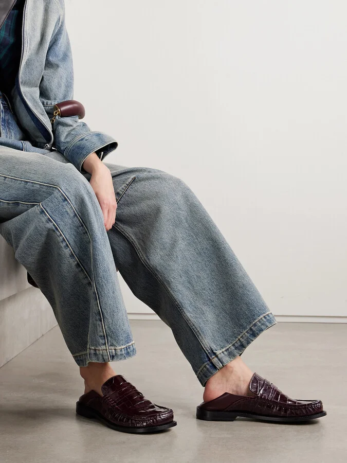 LOEWE - Campo Collapsible-heel Croc-effect Leather Loafers - Burgundy - Image 6