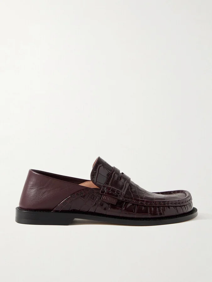 LOEWE - Campo Collapsible-heel Croc-effect Leather Loafers - Burgundy