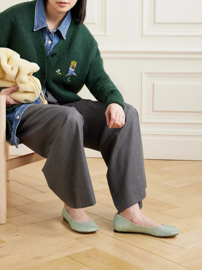 LOEWE - Crystal-embellished Suede Ballet Flats - Green - Image 2