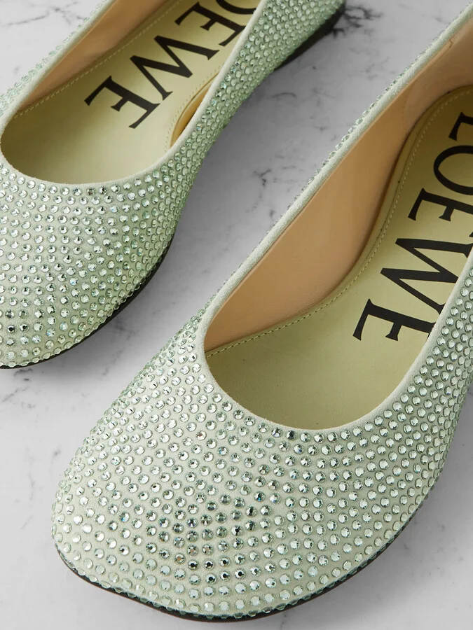 LOEWE - Crystal-embellished Suede Ballet Flats - Green - Image 4