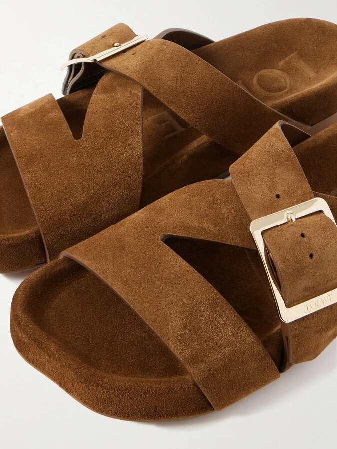LOEWE - Ease Buckled Suede Slides - Brown - Image 4