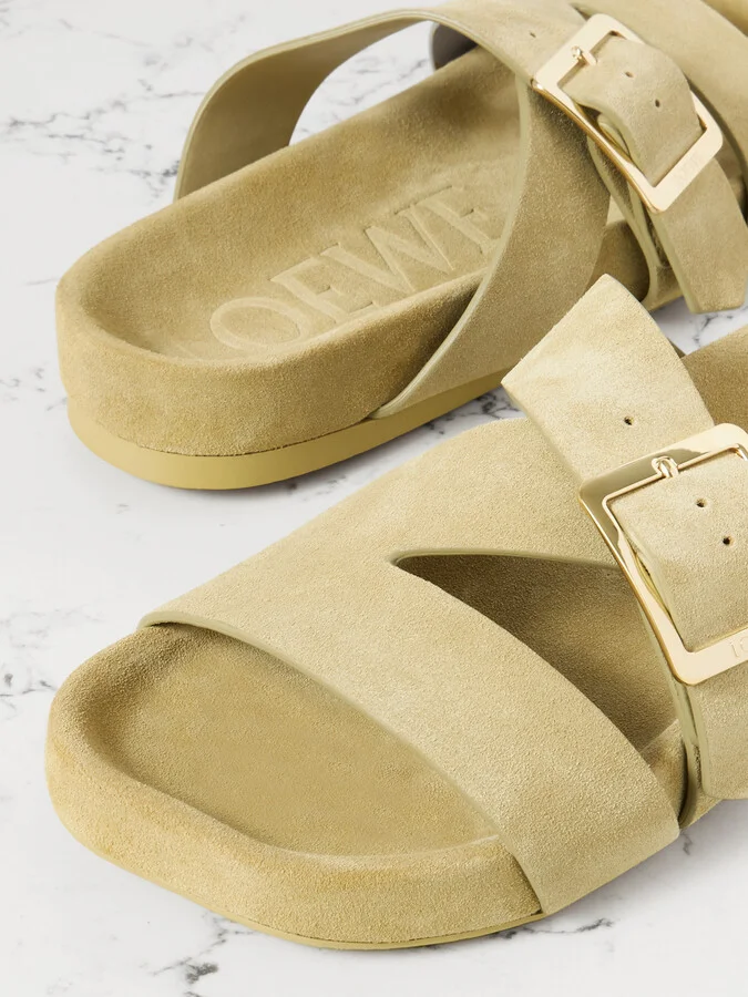 LOEWE - Ease Buckled Suede Slides - Neutrals - Image 4