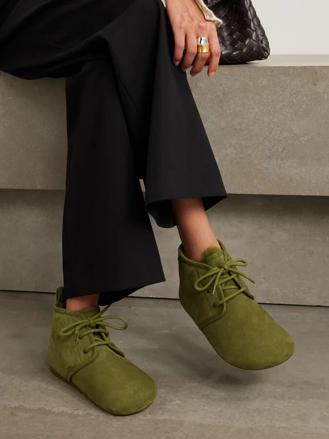 LOEWE - Lago Shearling-lined Suede Ankle Boots - Green - Image 2