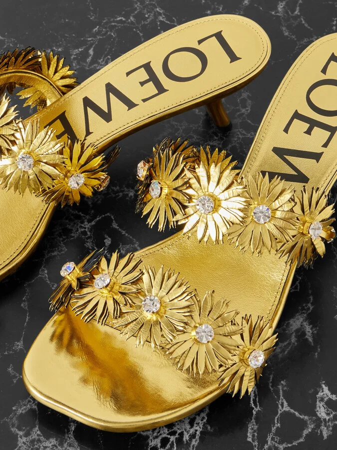 LOEWE - + Paula's Ibiza Crystal-embellished Metallic Leather Sandals - Gold - Image 4